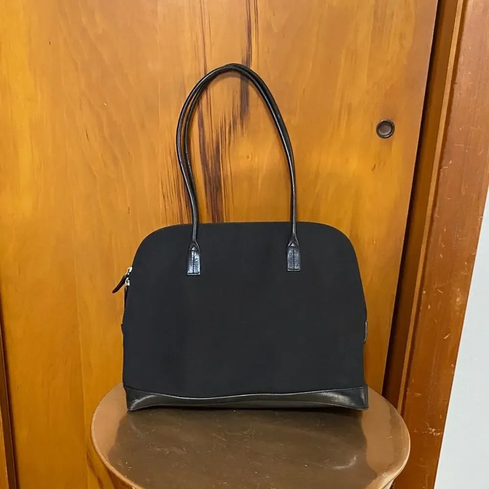 Black Canvas Leather Trim Satchel Tote Bag Purse Minimalist Neutral Office